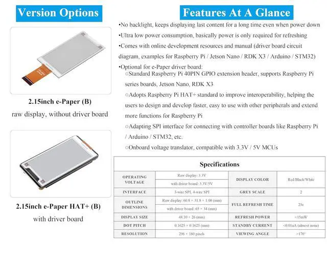 Alt view image 3 of 7 - 2.15inch e-Paper HAT+ Compatible with Raspberry Pi 5/4B/3B+/Zero/Zero W/Zero 2W/Pico/Pico W/Pico 2/Jetson Nano/RDKX3, Red/Black/White Three-Color 296x160 E-ink Display Screen SPI with Driver Board
