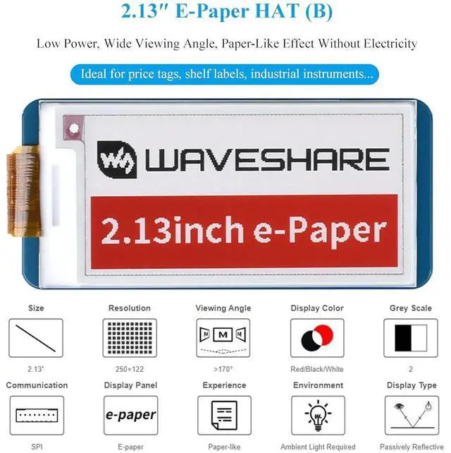 Alt view image 2 of 7 - 2.13inch E-Ink Display HAT for Raspberry Pi 5/4B/3B+/3B/2B/Zero/Zero W/WH and Jetson Nano, 250×122 Pixel, White Black Red Three-Colors, SPI Interface