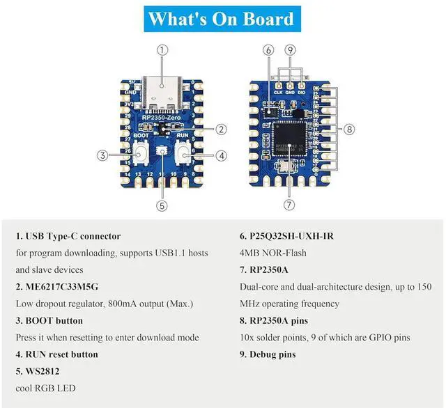 Alt view image 6 of 7 - RP2350-Zero Mini Development Board with Pre-Soldered Header, Based On RPi RP2350A Dual-Core & Dual-Architecture Microcontroller, 29 × Multi-Function GPIO Pins Type-C Connector