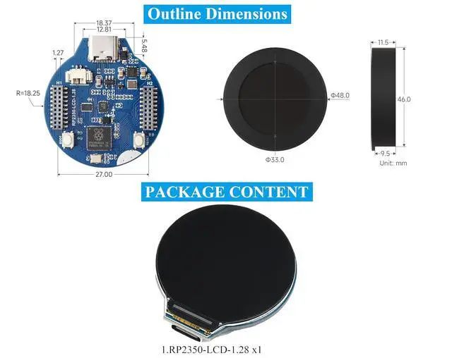Alt view image 7 of 7 - RP2350 Microcontroller Development Board with 1.28inch Round LCD IPS Screen 240×240 Pixels, 65K, Based on RPi RP2350, Dual-core & Dual-Architecture Design Type-C Connector