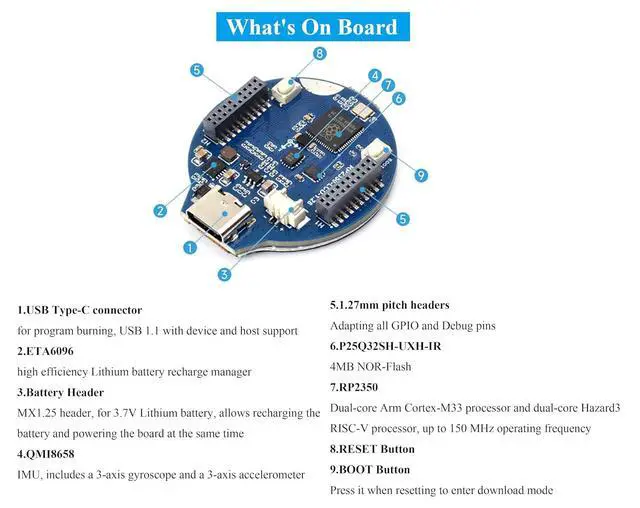 Alt view image 6 of 7 - RP2350 Microcontroller Development Board with 1.28inch Round LCD IPS Screen 240×240 Pixels, 65K, Based on RPi RP2350, Dual-core & Dual-Architecture Design Type-C Connector