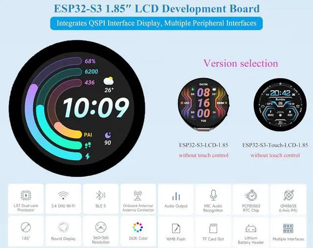 Alt view image 2 of 7 - ESP32-S3 with 1.85inch Round LCD Development Board, 360x360 Pixels, 262K Color, with 8 2W Speaker, Onboard Audio Codec, Supports Offline Speech Recognition and AI Speech Interaction