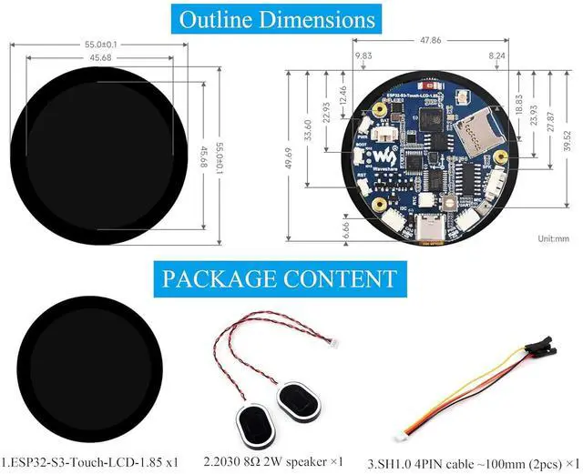 Alt view image 7 of 7 - ESP32-S3 with1.85inch Round Touch Screen Development Board, 360×360 IPS LCD,with 8 2W Speaker,Onboard Audio Codec, Supports Offline Speech Recognition and AI Speech Interaction
