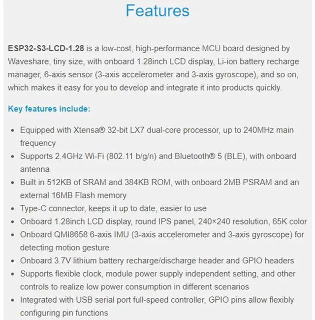 Alt view image 4 of 7 - ESP32-S3 Development Board with 1.28inch Round LCD IPS 240×240 Resolution,32-bit LX7 Dual-Core Processor, GC9A01 Display Driver Chip,Supports 2.4GHz W-i-F-i (802.11 b/g/n) and Blue-Tooth 5