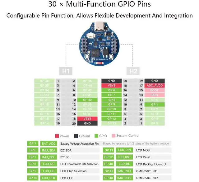 Alt view image 5 of 7 - ESP32-S3 Development Board with 1.28inch Round LCD IPS 240×240 Resolution,32-bit LX7 Dual-Core Processor, GC9A01 Display Driver Chip,Supports 2.4GHz W-i-F-i (802.11 b/g/n) and Blue-Tooth 5
