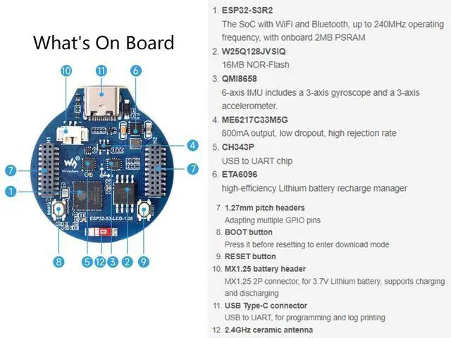 Alt view image 6 of 7 - ESP32-S3 Development Board with 1.28inch Round LCD IPS 240×240 Resolution,32-bit LX7 Dual-Core Processor, GC9A01 Display Driver Chip,Supports 2.4GHz W-i-F-i (802.11 b/g/n) and Blue-Tooth 5