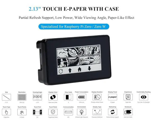 Alt view image 3 of 7 - 2.13inch Touch e-Paper HAT E-Ink Display 250×122 Pixels Compatible with Raspberry Pi Zero 2 W/Zero 2 WH/Pi Zero W/Pi Zero WH/Pi Zero, 5-Point Touch, Supports Partial Refresh, with ABS Case