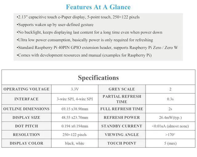 Alt view image 4 of 7 - 2.13inch Touch e-Paper HAT E-Ink Display 250×122 Pixels Compatible with Raspberry Pi Zero 2 W/Zero 2 WH/Pi Zero W/Pi Zero WH/Pi Zero, 5-Point Touch, Supports Partial Refresh, with ABS Case