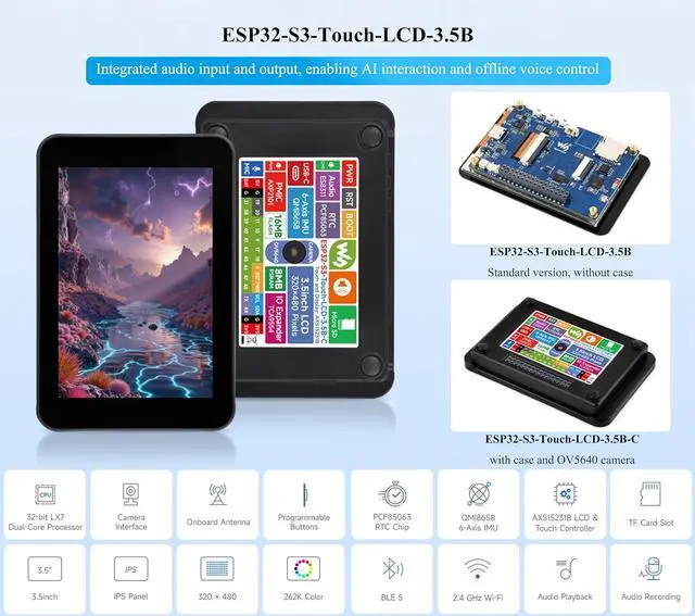 Alt view image 2 of 7 - ESP32-S3 3.5inch Capacitive Touch Display Development Board, with IPS LCD 320×480, QSPI and I2C Interface,Support AI Speech Interaction, Enable AI Interaction and Offline Voice Control, with Speaker