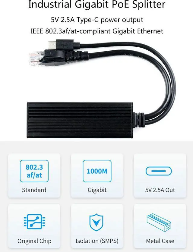 Alt view image 3 of 7 - Industrial Gigabit PoE Splitter with Metal Case Protection, 5V 2.5A Type-C Out, 802.3af/at-Compliant PoE (Power Over Ethernet) Standard, 10/100/1000Mbps Auto-Negotiation Ethernet Port