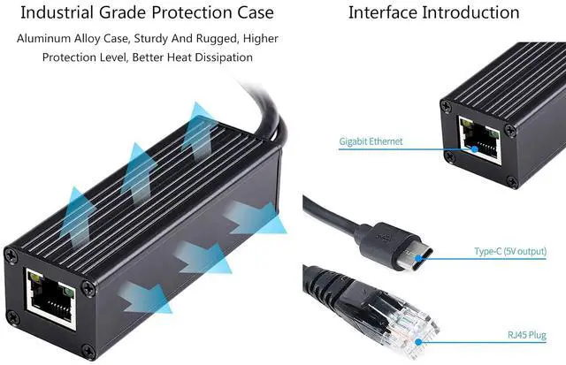 Alt view image 5 of 7 - Industrial Gigabit PoE Splitter with Metal Case Protection, 5V 2.5A Type-C Out, 802.3af/at-Compliant PoE (Power Over Ethernet) Standard, 10/100/1000Mbps Auto-Negotiation Ethernet Port
