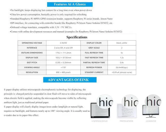 Alt view image 4 of 7 - 7.5inch e-Paper HAT Compatible with Raspberry Pi 5/4B/3B+/Zero/Zero W/Zero 2W/Pico/Pico W/Pico 2/Pico 2W/Jetson Nano, 800×480 Resolution SPI Interface, 7.5inch E-Ink Display HAT Black White Two-Color
