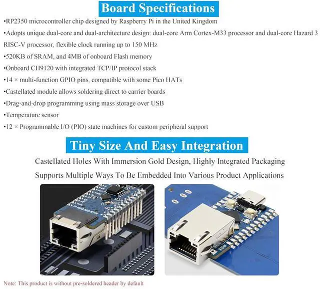 Alt view image 3 of 7 - RP2350-ETH Mini Development Board, RP2350 Ethernet Port Module, RPi Microcontroller Development Board Based on RP2350 Dual-Core Arm Cortex-M33 & Dual-Architecture Hazard 3 RISC-V Microcontroller