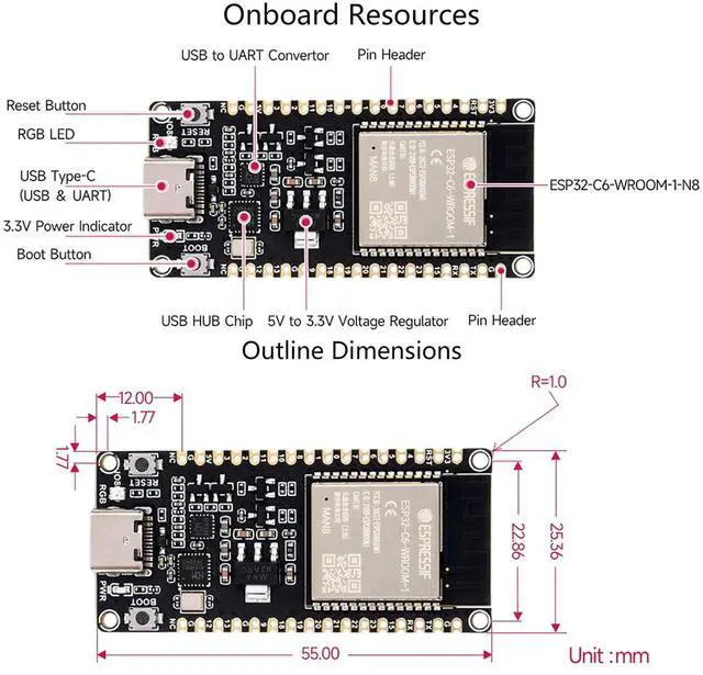 Alt view image 7 of 7 - ESP32-C6-WROOM-1-N8 ESP32-C6 Development Board ESP32 C6 Microcontroller RISC-V 32-bit Single-Core Processor, Integrates W F-i 6, B L E 5 and IEEE 802.15.4, Supports USB and UART Development