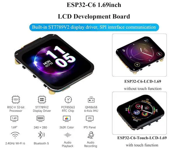 Alt view image 2 of 7 - ESP32-C6 1.69inch LCD Development Board, 240x280 262K IPS LCD, Supports Wi-Fi 6 / BLE 5, 160MHz RISC-V Processor, ESP32 with Display, AI Speech, Support AI Voice Interaction, with Speaker