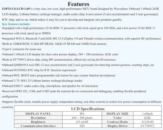 Alt view image 3 of 7 - ESP32-C6 1.69inch LCD Development Board, 240x280 262K IPS LCD, Supports Wi-Fi 6 / BLE 5, 160MHz RISC-V Processor, ESP32 with Display, AI Speech, Support AI Voice Interaction, with Speaker
