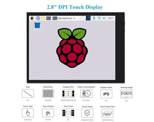Alt view image 2 of 7 - 2.8inch DPI LCD Screen Compatible with Raspberry Pi 5/4B/3B+/3B/3A+/Pi Zero/Zero W/WH/Zero 2W, 480x640 Resolution IPS Display, 5-Points Capacitive Touch Control, Optical Bonding Toughened Glass Cover