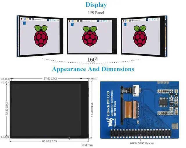 Alt view image 6 of 7 - 2.8inch DPI LCD Screen Compatible with Raspberry Pi 5/4B/3B+/3B/3A+/Pi Zero/Zero W/WH/Zero 2W, 480x640 Resolution IPS Display, 5-Points Capacitive Touch Control, Optical Bonding Toughened Glass Cover