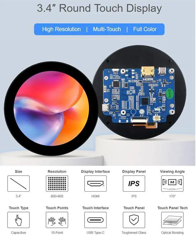 Alt view image 2 of 7 - 3.4inch HDMI Round TouchScreen for Raspberry Pi 5/4B/3B+/3A+/2B/B+/A+/Zero/Zero W/WH/Zero 2W, 800×800 Resolution 10-Point Capacitive Touch IPS Display,Compatible with Jetson Nano/Mini PC,Driver Free