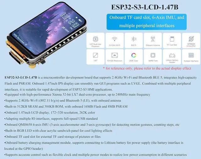 Alt view image 2 of 7 - 2PCS ESP32-S3 1.47inch LCD IPS Display Development Board, 172x320, 262K Display Color, 240MHz LX7 Dual-Core Processor, 2.4GHz Wi-Fi/BLE 5, ESP32 with Display Motion Sensor, for AIoT Application