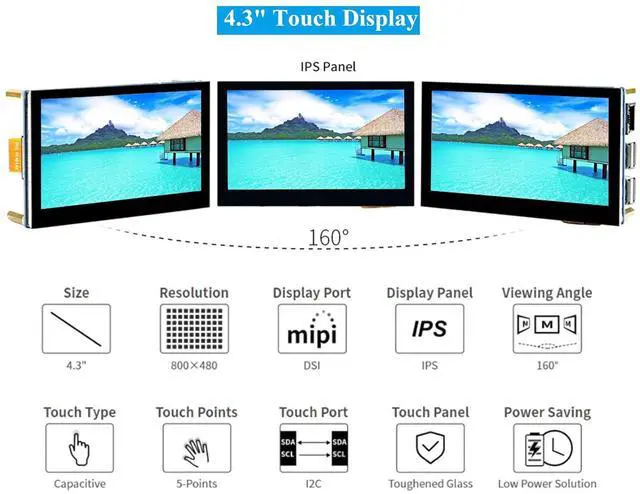 Alt view image 2 of 7 - 4.3inch DSI LCD Compatible with Raspberry Pi 5/4B/3B+/3B//3A+/2B/B+/A+/CM5/4/3+/3, 800x480 Resolution, 5-Points Capacitive Touch Screen IPS Display Monitor, MIPI DSI Interface