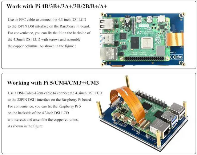Alt view image 5 of 7 - 4.3inch DSI LCD Compatible with Raspberry Pi 5/4B/3B+/3B//3A+/2B/B+/A+/CM5/4/3+/3, 800x480 Resolution, 5-Points Capacitive Touch Screen IPS Display Monitor, MIPI DSI Interface