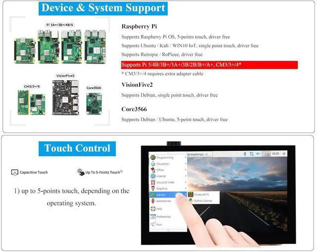 Alt view image 3 of 7 - 4.3inch DSI LCD Compatible with Raspberry Pi 5/4B/3B+/3B//3A+/2B/B+/A+/CM5/4/3+/3, 800x480 Resolution, 5-Points Capacitive Touch Screen IPS Display Monitor, MIPI DSI Interface