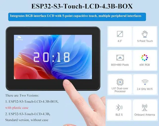 Alt view image 2 of 7 - ESP32-S3 Development Board with 4.3inch Touch Screen IPS Display 800x480 Resolution, 32-Bit LX7 Dual-Core Processor Support CAN RS485 I2C Interface, 2.4 G H z W-i-F-i/Blue-Too-th 5, with Case