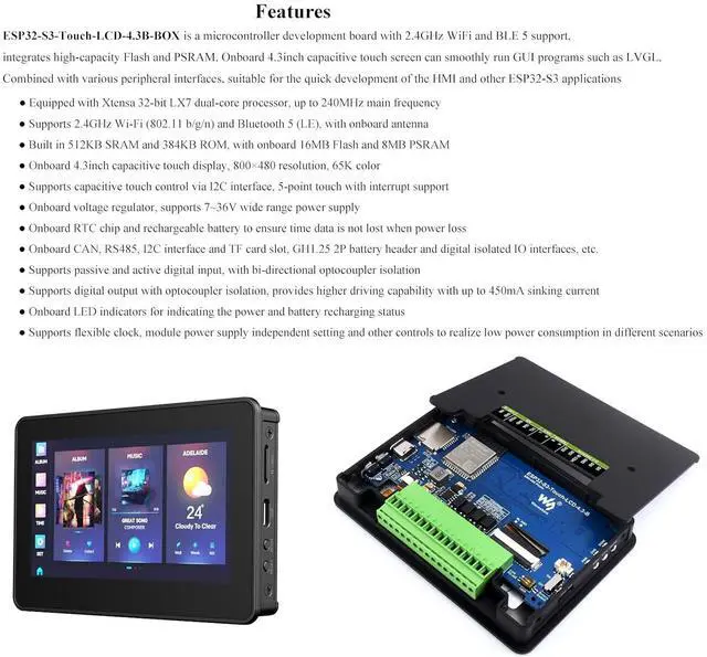 Alt view image 4 of 7 - ESP32-S3 Development Board with 4.3inch Touch Screen IPS Display 800x480 Resolution, 32-Bit LX7 Dual-Core Processor Support CAN RS485 I2C Interface, 2.4 G H z W-i-F-i/Blue-Too-th 5, with Case