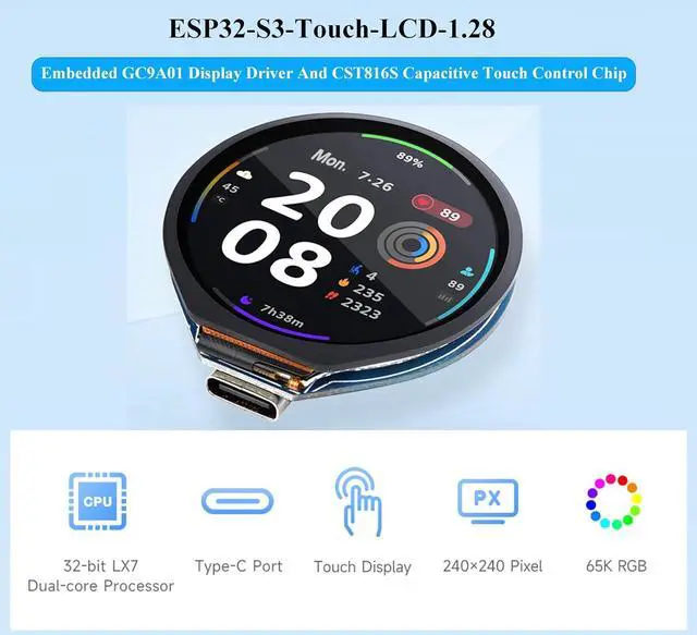 Alt view image 2 of 7 - ESP32-S3 Development Board with 1.28inch Round Touch LCD 240×240 Pixel 65K RGB Color, 32-bit LX7 Dual-Core Processor with 6-axis Sensor, Support 2.4GHz W-i-F-i (802.11 b/g/n) and Blue-Tooth 5