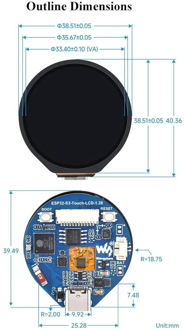 Alt view image 6 of 7 - ESP32-S3 Development Board with 1.28inch Round Touch LCD 240×240 Pixel 65K RGB Color, 32-bit LX7 Dual-Core Processor with 6-axis Sensor, Support 2.4GHz W-i-F-i (802.11 b/g/n) and Blue-Tooth 5