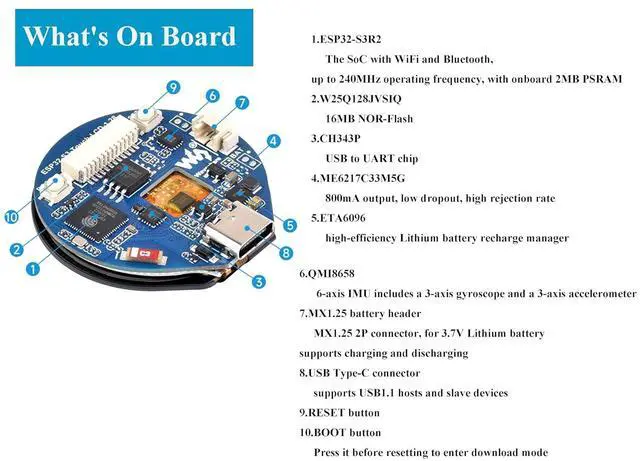 Alt view image 5 of 7 - ESP32-S3 Development Board with 1.28inch Round Touch LCD 240×240 Pixel 65K RGB Color, 32-bit LX7 Dual-Core Processor with 6-axis Sensor, Support 2.4GHz W-i-F-i (802.11 b/g/n) and Blue-Tooth 5