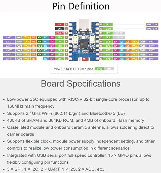 Alt view image 6 of 7 - ESP32-C3 Mini Development Board, Based on ESP32-C3FN4 Single-Core Processor 160MHz Running Frequency, Support 2.4GHz W-i-F-i & Blue-Too-th 5, Onboard 400KB of S RAM and 384KB ROM, 4MB Flash Memory
