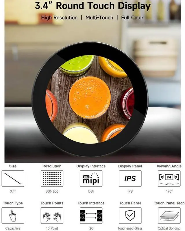 Alt view image 2 of 7 - waveshare 3.4inch Round Touch Display 800 x 800 IPS LCD Screen DSI Interface, 10-Point Capacitive Touch Control, Compatible with Raspberry Pi 4B/3B+/3A+, Compute Module 3+/Compute Module 4