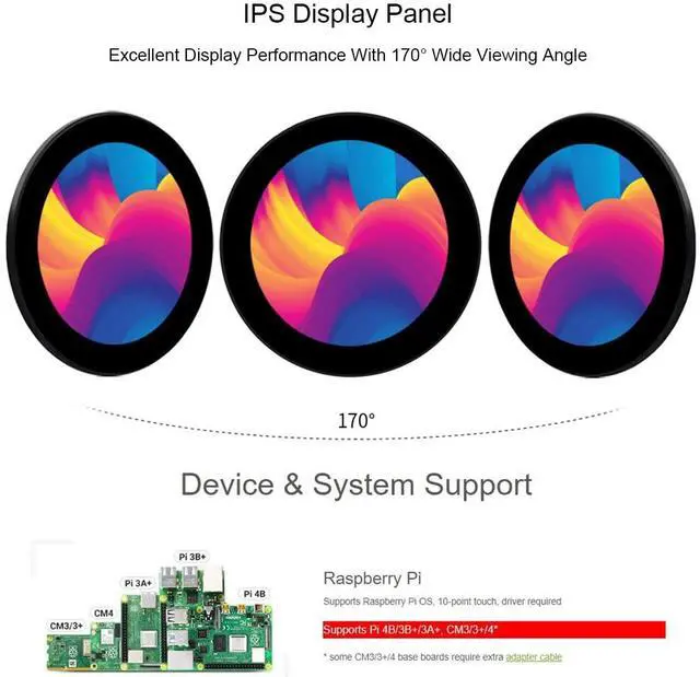 Alt view image 3 of 7 - waveshare 3.4inch Round Touch Display 800 x 800 IPS LCD Screen DSI Interface, 10-Point Capacitive Touch Control, Compatible with Raspberry Pi 4B/3B+/3A+, Compute Module 3+/Compute Module 4