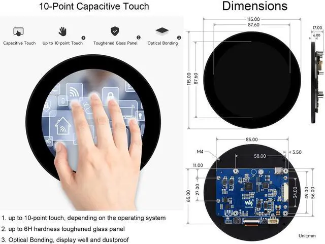 Alt view image 4 of 7 - waveshare 3.4inch Round Touch Display 800 x 800 IPS LCD Screen DSI Interface, 10-Point Capacitive Touch Control, Compatible with Raspberry Pi 4B/3B+/3A+, Compute Module 3+/Compute Module 4