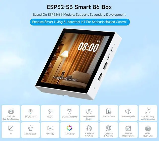 Alt view image 2 of 7 - ESP32-S3 Smart 86 Box Development Board, Onboard 4inch 480 x 480 Pixel Touch Display, Supports 2.4GHz Wi-Fi and Bluetooth BLE 5, Enables Smart Living & Industrial IoT, Supports AI Voice Interaction