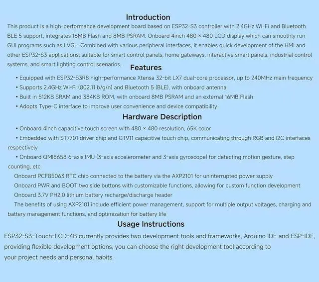 Alt view image 5 of 7 - ESP32-S3 Smart 86 Box Development Board, Onboard 4inch 480 x 480 Pixel Touch Display, Supports 2.4GHz Wi-Fi and Bluetooth BLE 5, Enables Smart Living & Industrial IoT, Supports AI Voice Interaction