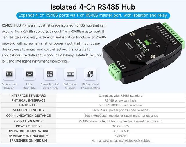 Alt view image 2 of 7 - Industrial-Grade Isolated 4-CH RS485 Hub, Expands 4-CH RS485 Sub Ports Via 1-CH RS485 Master Port, with Isolation and Signal Relay, Wide Baud Rate Range, for Data Acquisition, IoT Gateway, etc.