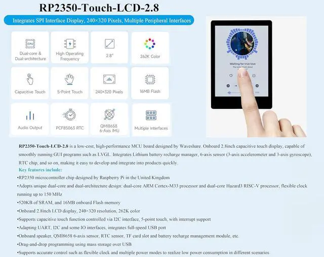 Alt view image 3 of 7 - RP2350 2.8inch Capacitive Touch Display Development Board, 240x320, IPS LCD Screen, 5-Point Touch, SPI Interface, Accelerometer and Gyroscope Sensor, Dual-Core & Dual-Architecture Design