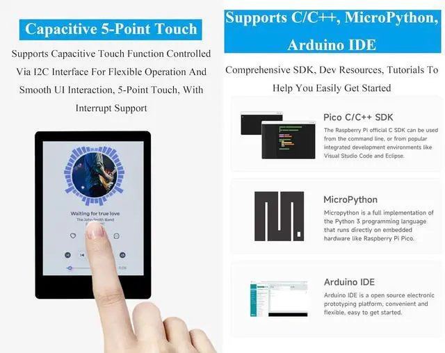 Alt view image 5 of 7 - RP2350 2.8inch Capacitive Touch Display Development Board, 240x320, IPS LCD Screen, 5-Point Touch, SPI Interface, Accelerometer and Gyroscope Sensor, Dual-Core & Dual-Architecture Design