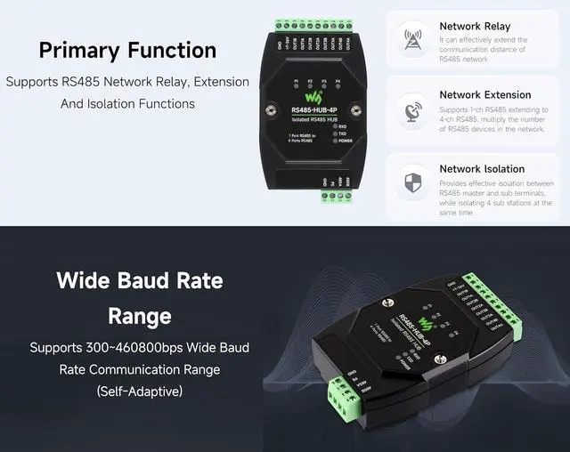 Alt view image 3 of 7 - Industrial-Grade Isolated 4-CH RS485 Hub, Expands 4-CH RS485 Sub Ports Via 1-CH RS485 Master Port, with Isolation and Signal Relay, Wide Baud Rate Range, for Data Acquisition, IoT Gateway, etc.