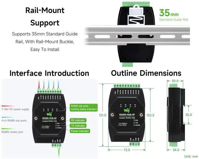 Alt view image 5 of 7 - Industrial-Grade Isolated 4-CH RS485 Hub, Expands 4-CH RS485 Sub Ports Via 1-CH RS485 Master Port, with Isolation and Signal Relay, Wide Baud Rate Range, for Data Acquisition, IoT Gateway, etc.