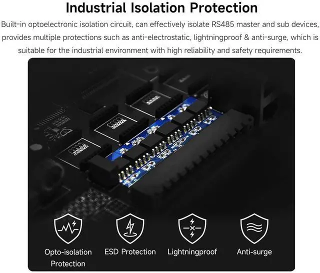 Alt view image 6 of 7 - Industrial-Grade Isolated 4-CH RS485 Hub, Expands 4-CH RS485 Sub Ports Via 1-CH RS485 Master Port, with Isolation and Signal Relay, Wide Baud Rate Range, for Data Acquisition, IoT Gateway, etc.