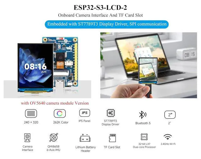 Alt view image 3 of 7 - ESP32-S3 2inch Display Development Board, 240×320 Pixels IPS Screen, 32-bit LX7 Dual-Core Processor, Supports W-i-F-i & Blue-Too-th, ESP32 with Display, Comes with OV5640 5MP Camera Module
