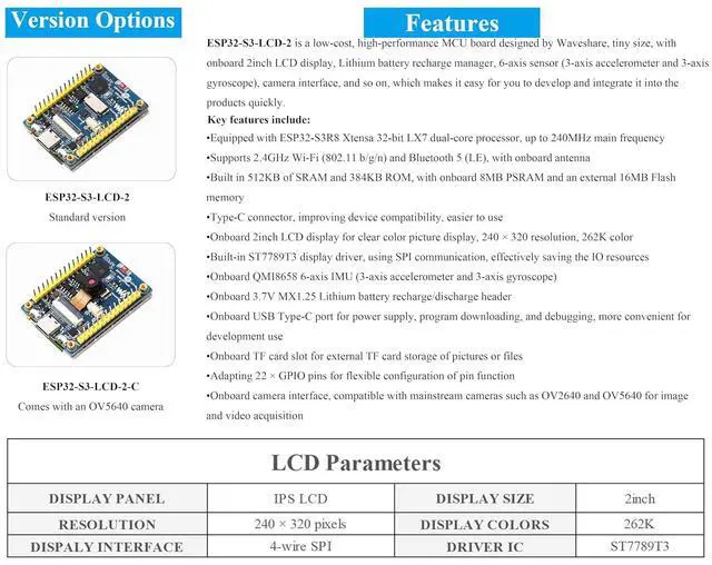 Alt view image 4 of 7 - ESP32-S3 2inch Display Development Board, 240×320 Pixels IPS Screen, 32-bit LX7 Dual-Core Processor, Supports W-i-F-i & Blue-Too-th, ESP32 with Display, Comes with OV5640 5MP Camera Module