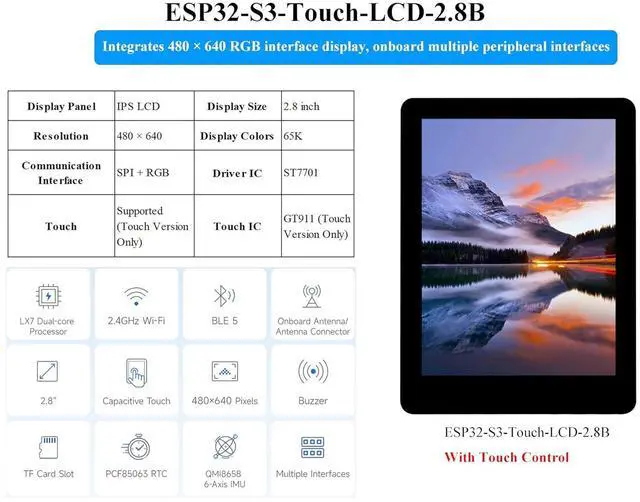 Alt view image 3 of 7 - ESP32-S3 2.8inch Touch Display Development Board, Onboard 2.8inch Touch IPS LCD 480×640, 32-bit LX7 Dual-Core Processor, Supports W-F-i & Blue-Too-th, ESP32 with Display