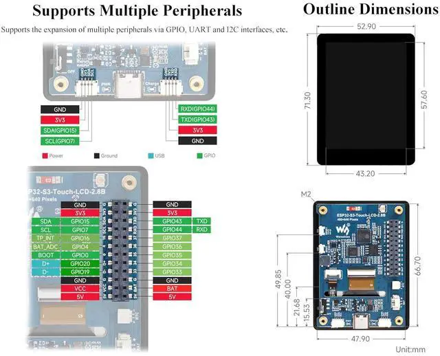 Alt view image 6 of 7 - ESP32-S3 2.8inch Touch Display Development Board, Onboard 2.8inch Touch IPS LCD 480×640, 32-bit LX7 Dual-Core Processor, Supports W-F-i & Blue-Too-th, ESP32 with Display
