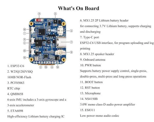 Alt view image 6 of 7 - ESP32-C6 1.69inch LCD Development Board, 240x280 262K IPS LCD, Supports Wi-Fi 6 / BLE 5, 160MHz RISC-V Processor, ESP32 with Display, AI Speech, Support AI Voice Interaction, with Speaker
