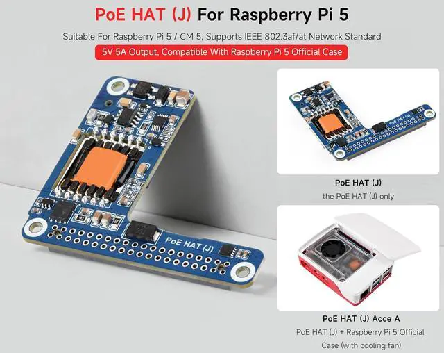 Alt view image 2 of 7 - 5V / 5A PoE HAT Power Over Ethernet HAT Compatible with Raspberry Pi 5 / Compute Module 5/Pi 5 Case, Isolated Switched-Mode Power Supply, Providing Both Network and Power Supply in One Ethernet Cable